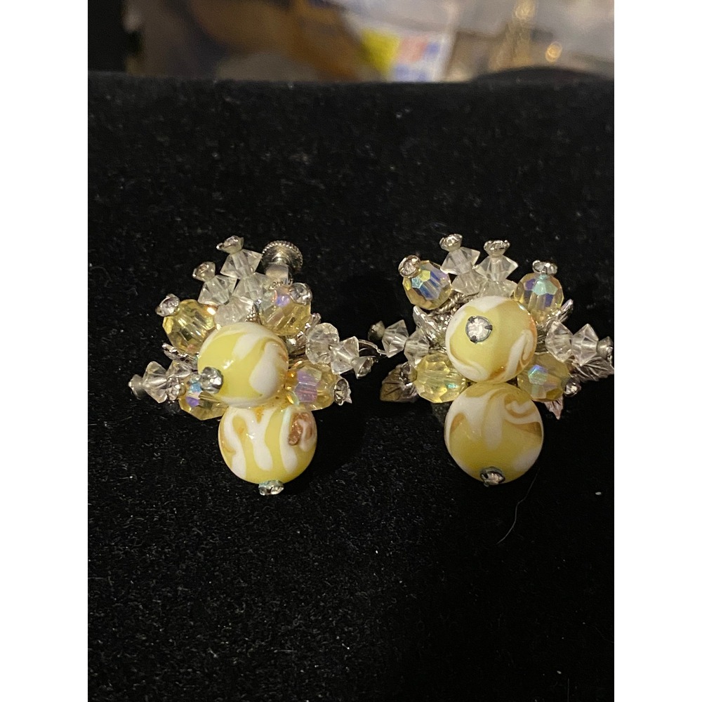 Vintage Vendome Earrings Crystal & Yellow Art Glass Beads